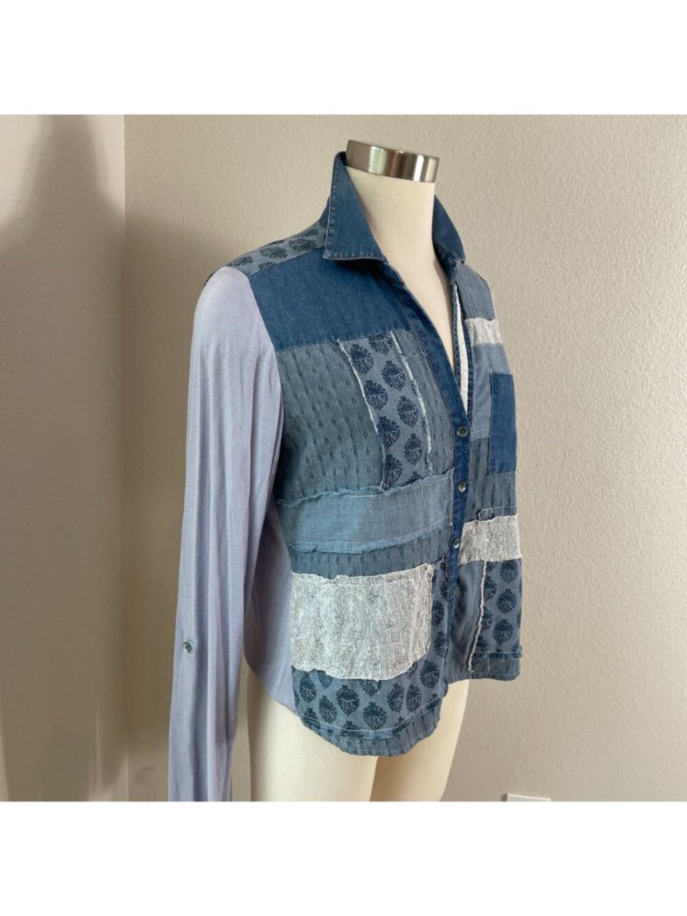 SUNDANCE Womens Medium Patchwork Denim Button Up Shirt Roll‎ Tab Sleeve Top - Picture 2 of 10